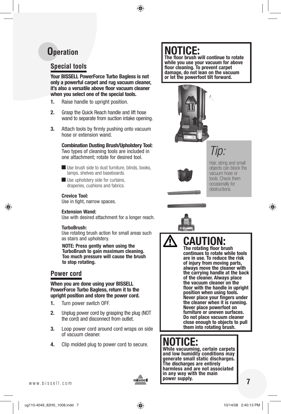 Notice, Caution, Peration | Bissell 82H5E User Manual | Page 7 / 16