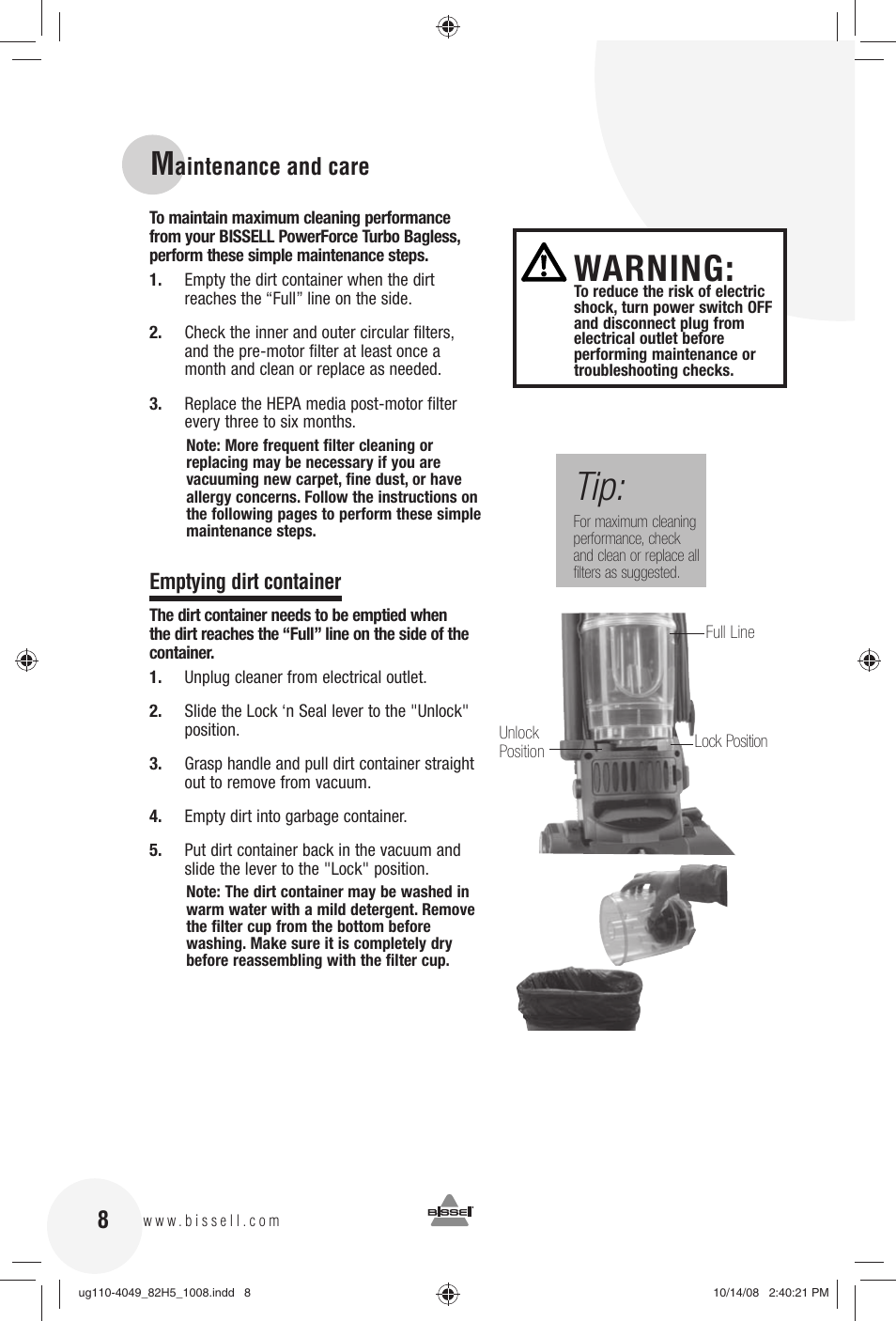 Warning, Aintenance and care, Emptying dirt container | Bissell 82H5E User Manual | Page 8 / 16