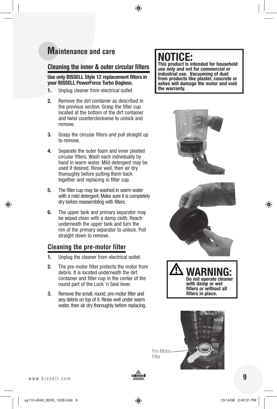 Warning, Notice, Aintenance and care 9 | Bissell 82H5E User Manual | Page 9 / 16