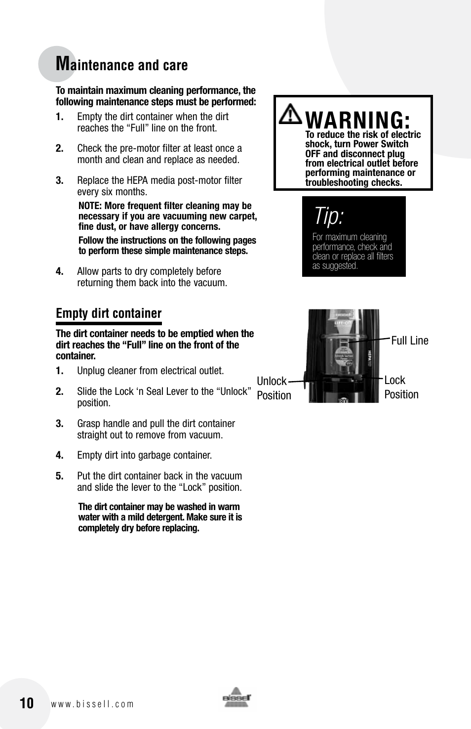 Warning, Aintenance and care | Bissell 76X6 User Manual | Page 10 / 20