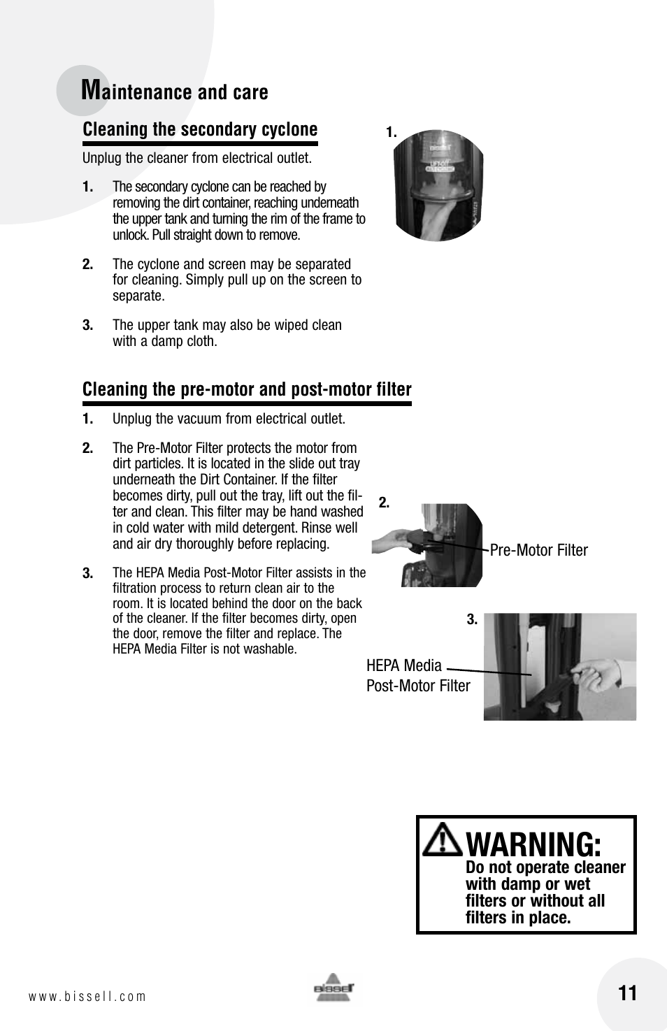 Warning, Aintenance and care | Bissell 76X6 User Manual | Page 11 / 20