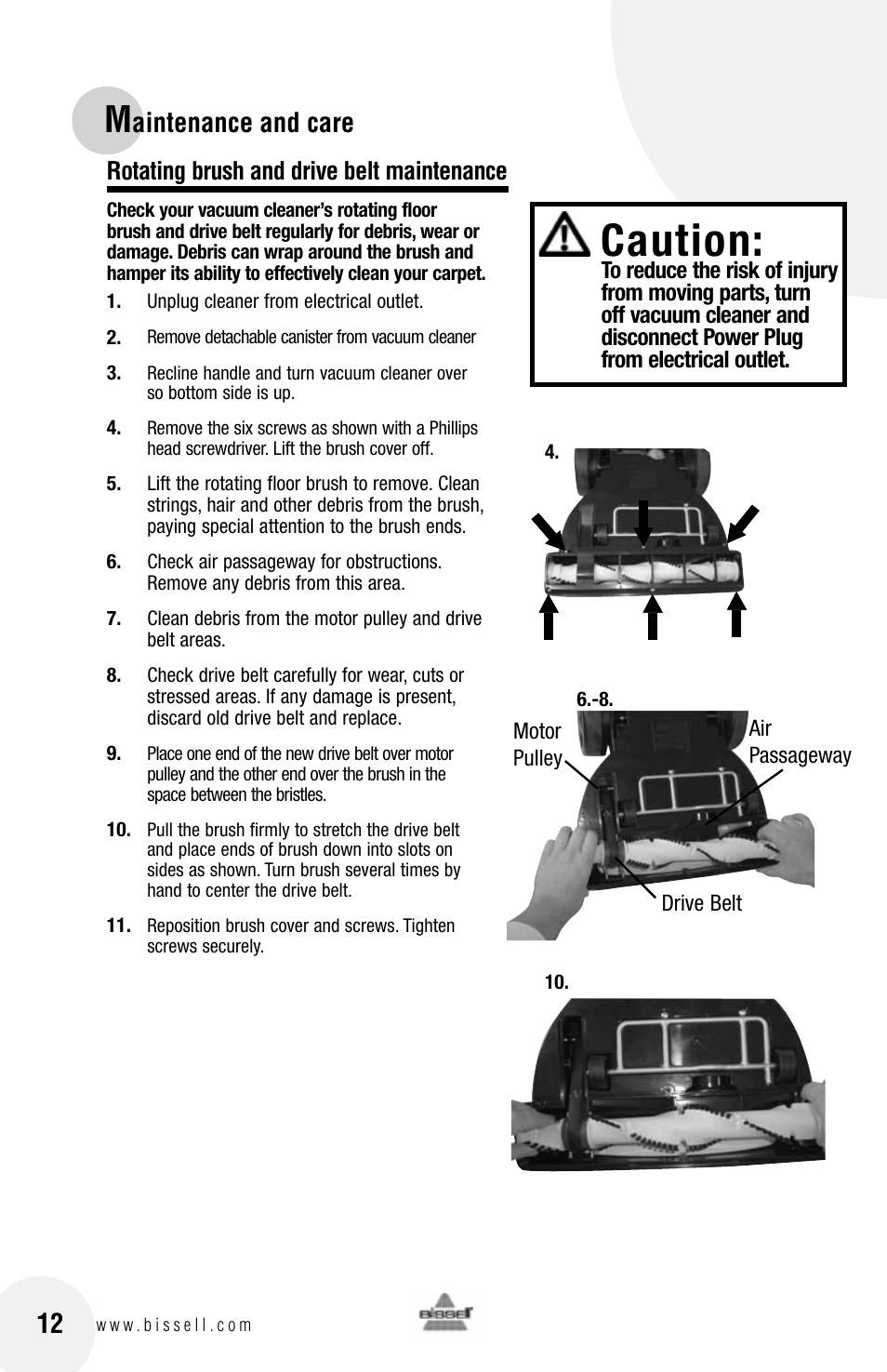 Caution, Aintenance and care, Rotating brush and drive belt maintenance | Bissell 76X6 User Manual | Page 12 / 20