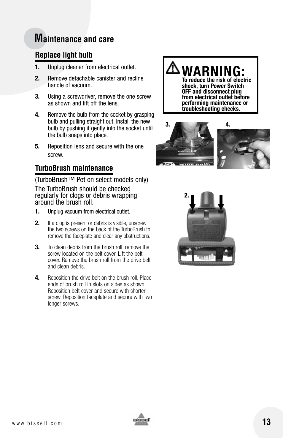 Warning, Aintenance and care, Replace light bulb | Turbobrush maintenance | Bissell 76X6 User Manual | Page 13 / 20