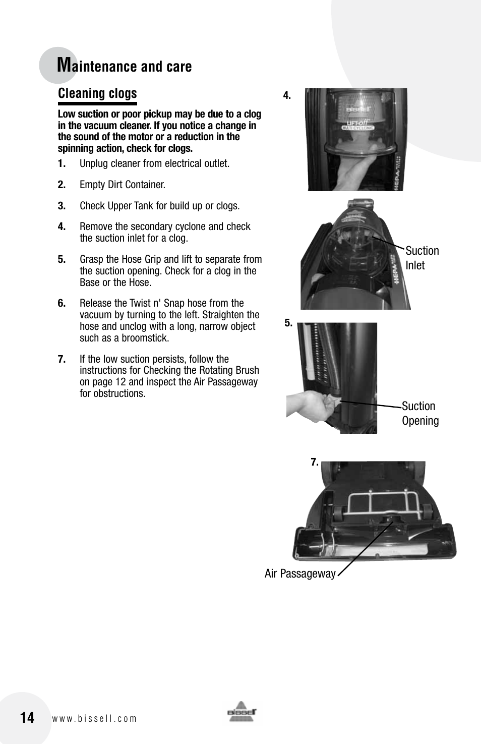 Aintenance and care, Cleaning clogs | Bissell 76X6 User Manual | Page 14 / 20
