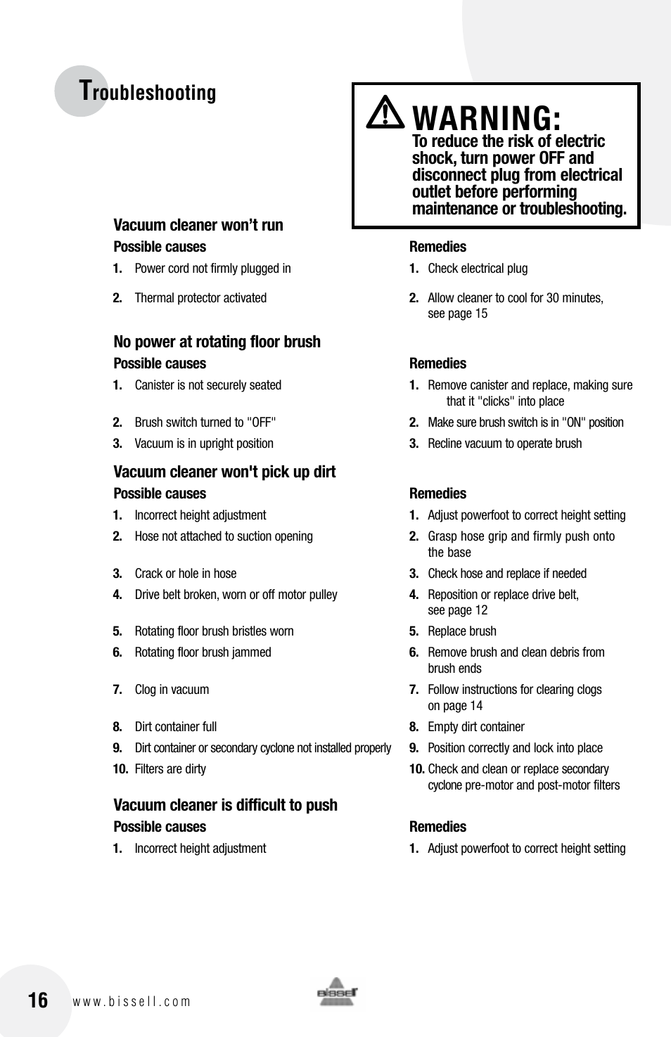 Warning, Roubleshooting | Bissell 76X6 User Manual | Page 16 / 20