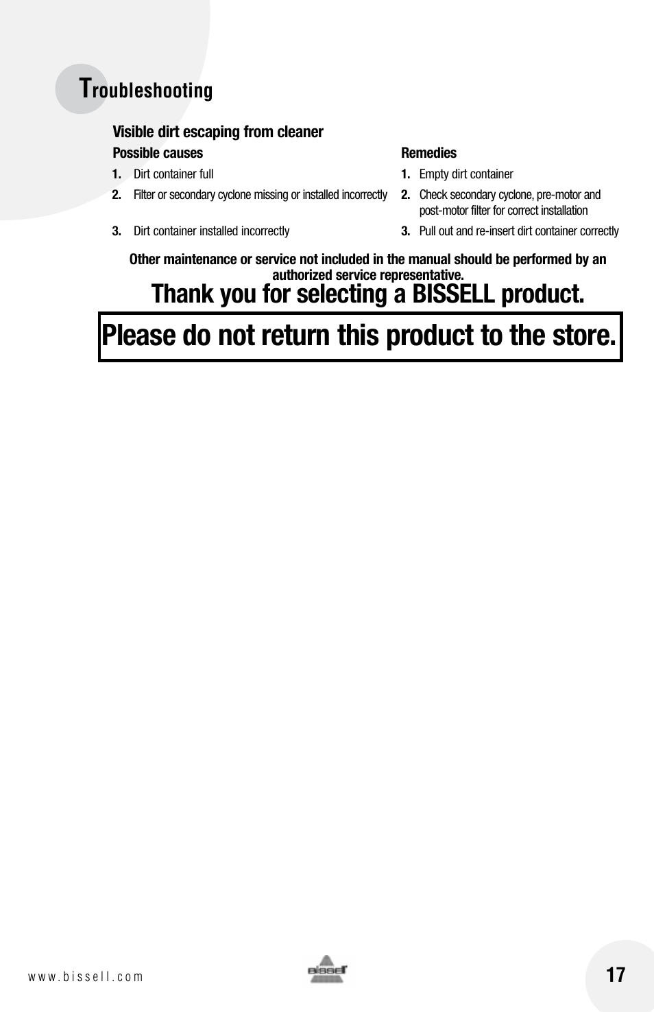 Please do not return this product to the store, Roubleshooting | Bissell 76X6 User Manual | Page 17 / 20