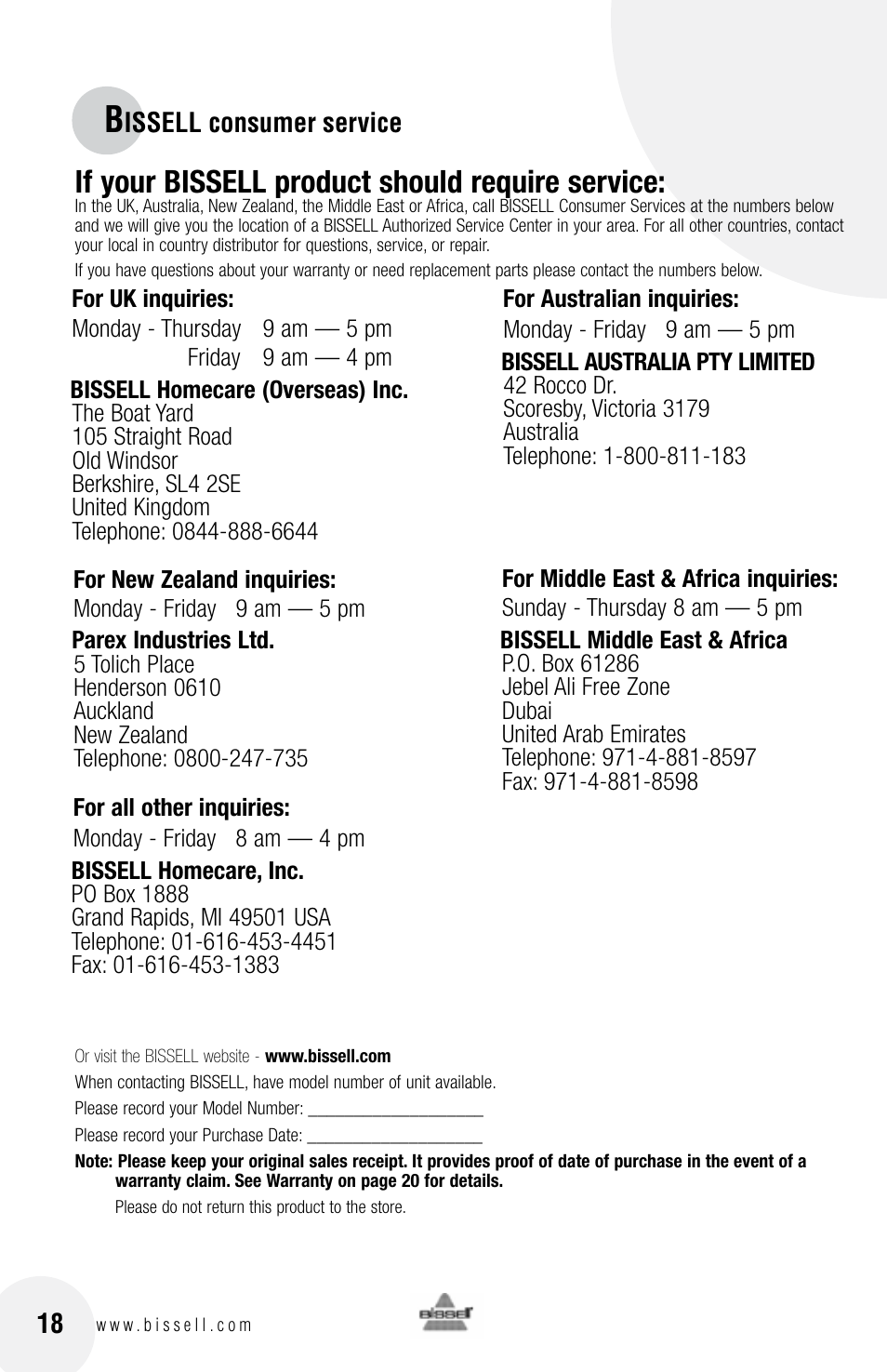 If your bissell product should require service | Bissell 76X6 User Manual | Page 18 / 20