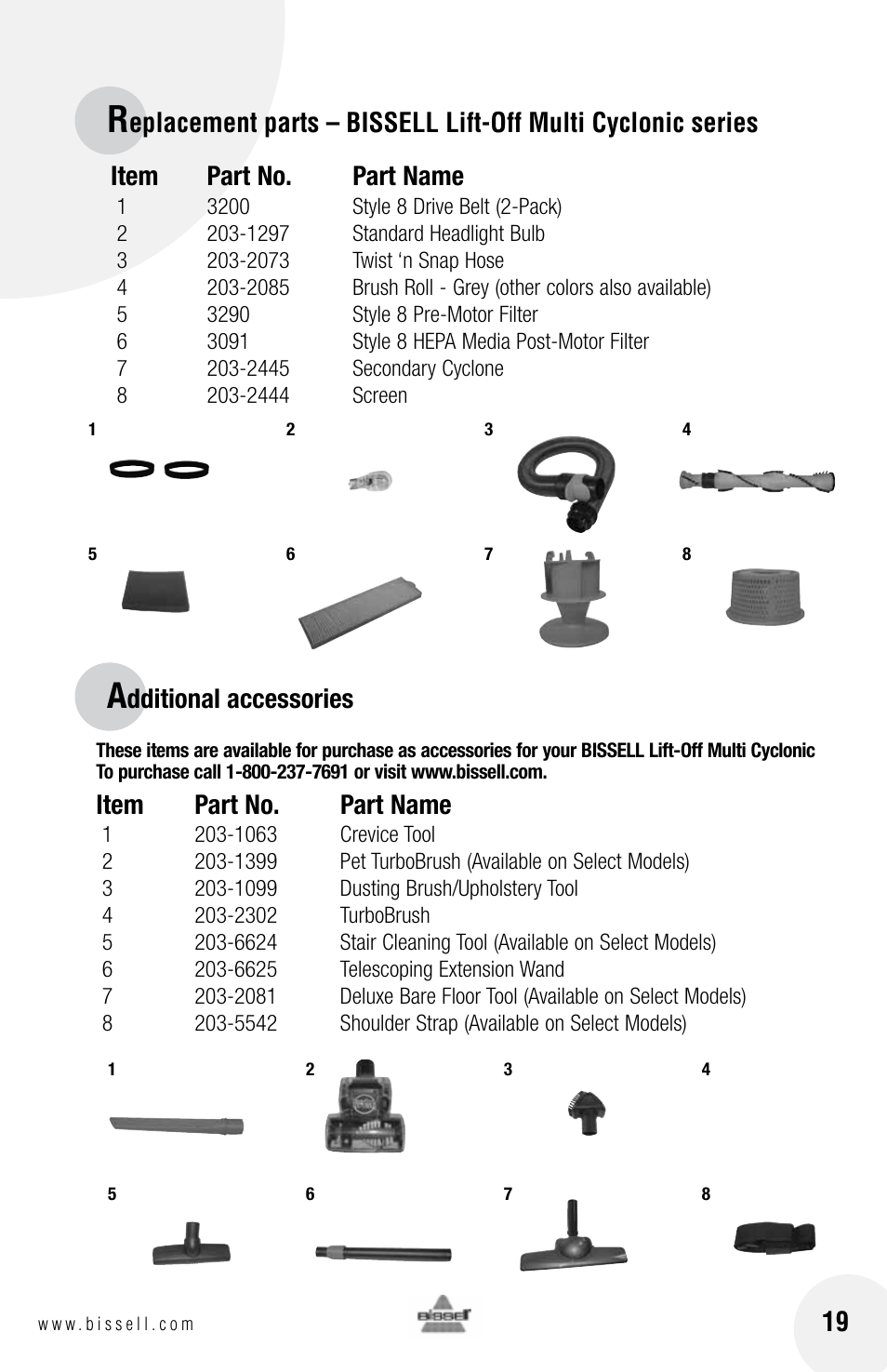 Item part no. part name, Dditional accessories | Bissell 76X6 User Manual | Page 19 / 20