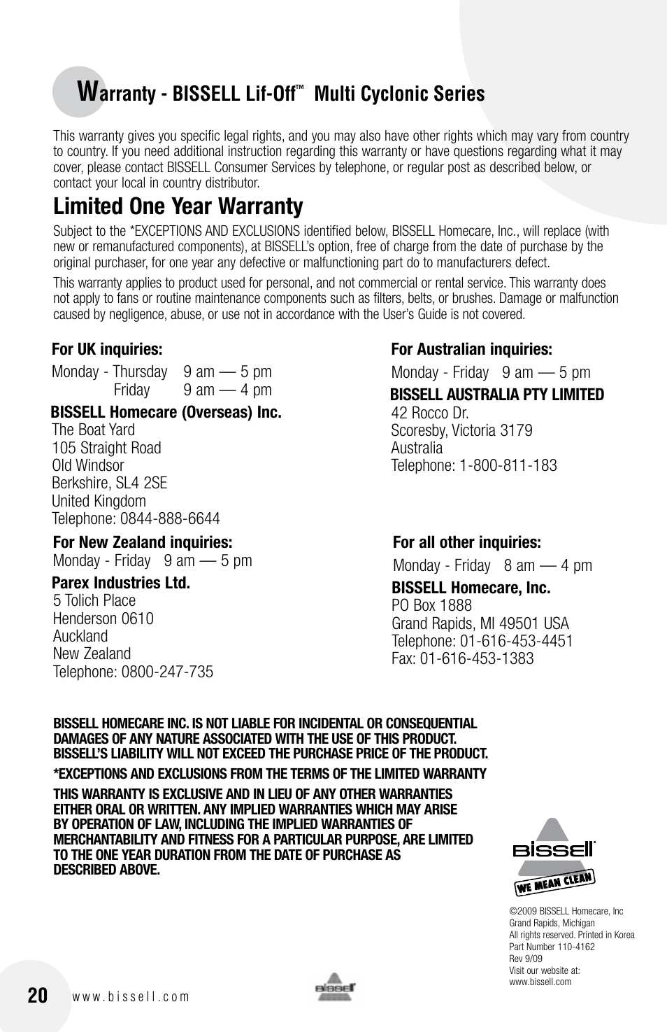 Limited one year warranty, Arranty - bissell lif-off, Multi cyclonic series | Bissell 76X6 User Manual | Page 20 / 20