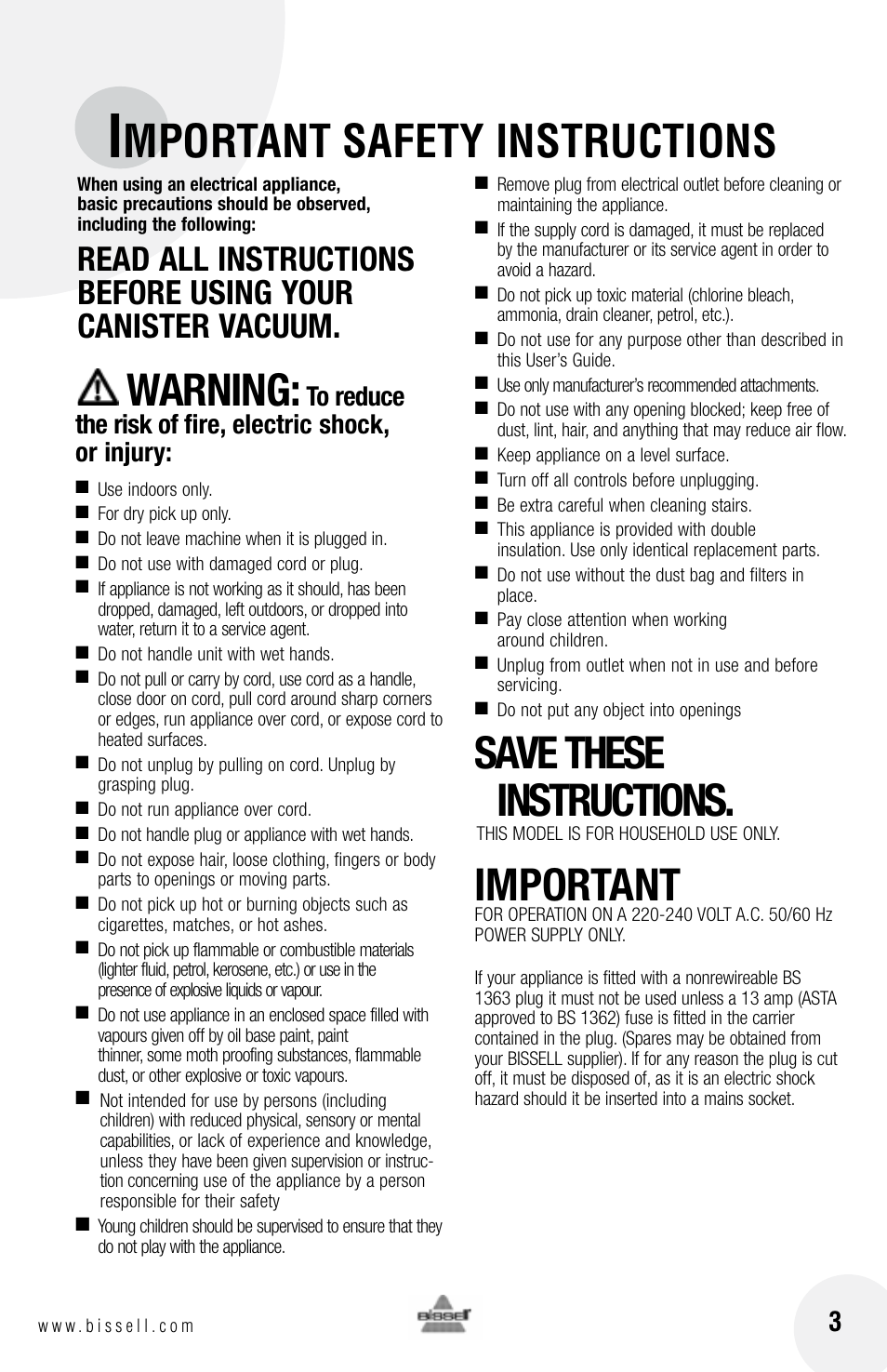 Mportant safety instructions, Warning, Save these instructions | Important | Bissell 76X6 User Manual | Page 3 / 20