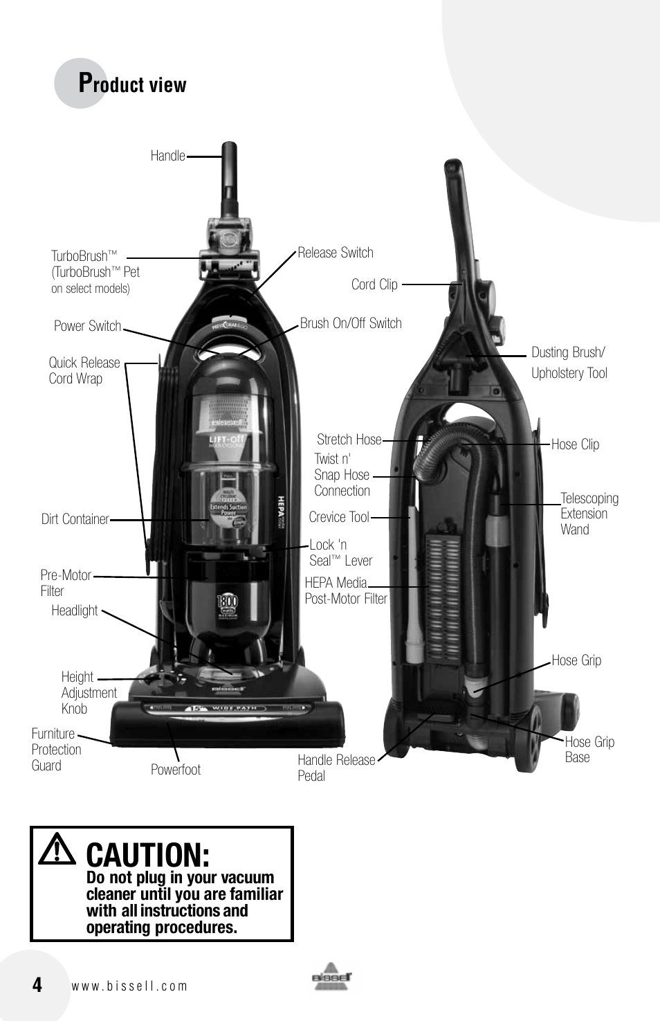 Caution, Roduct view | Bissell 76X6 User Manual | Page 4 / 20