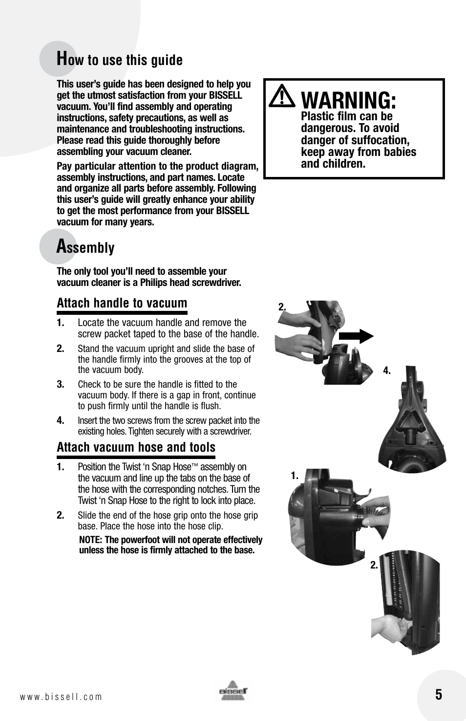 Warning, Ow to use this guide, Ssembly | Bissell 76X6 User Manual | Page 5 / 20