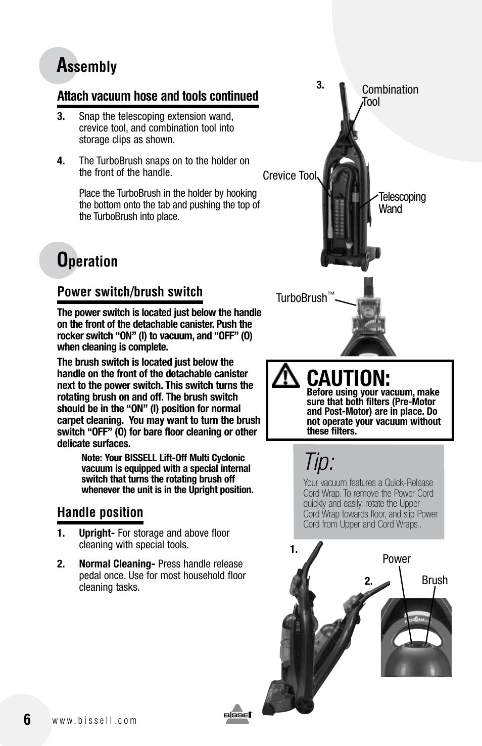 Caution, Ssembly 6, Peration | Bissell 76X6 User Manual | Page 6 / 20