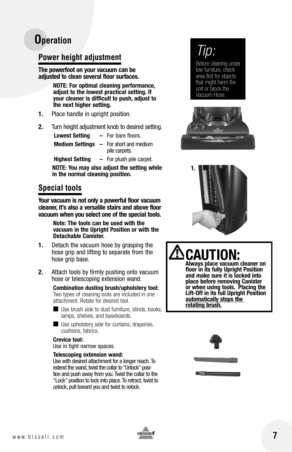 Caution, Peration, Power height adjustment | Special tools | Bissell 76X6 User Manual | Page 7 / 20