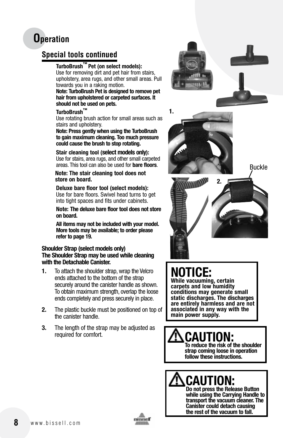 Notice, Caution, Peration | Special tools continued | Bissell 76X6 User Manual | Page 8 / 20