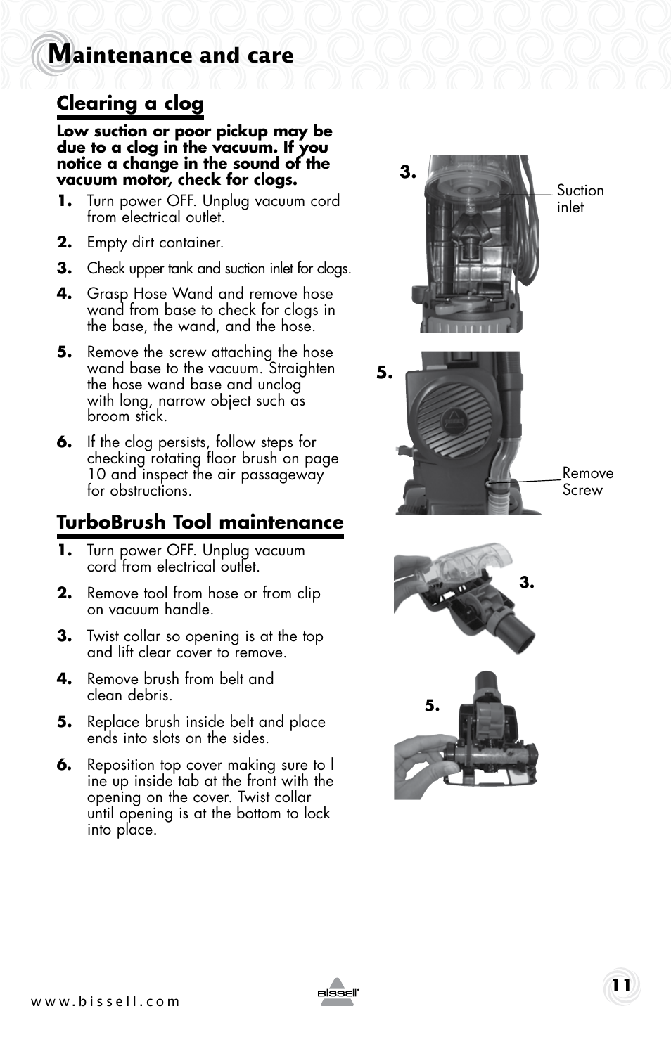 Aintenance and care, Clearing a clog, Turbobrush tool maintenance | Bissell 6355E User Manual | Page 11 / 16