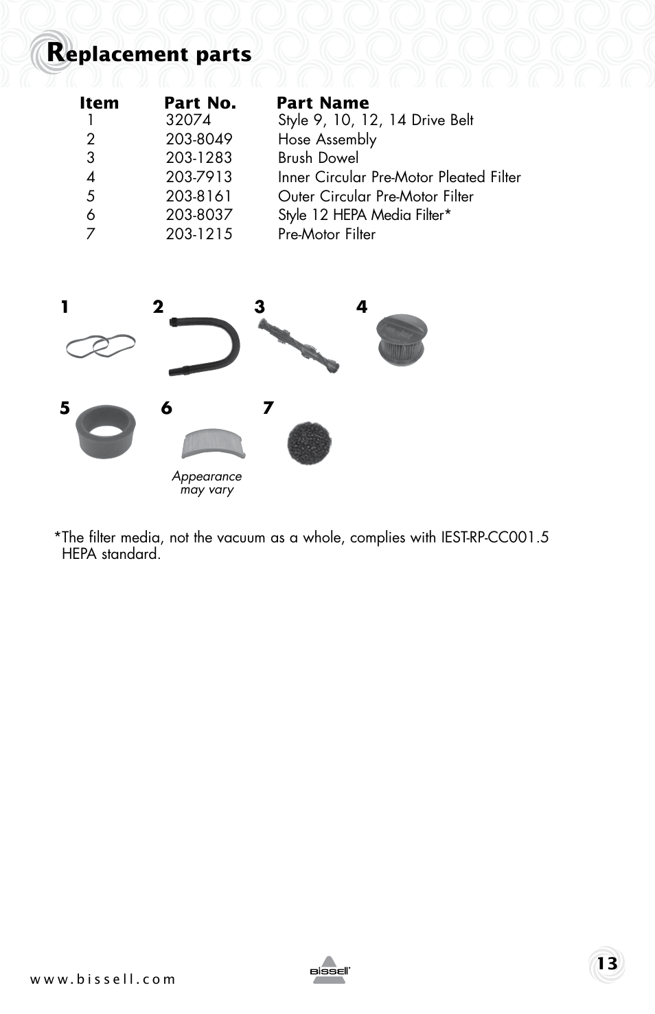 Eplacement parts | Bissell 6355E User Manual | Page 13 / 16