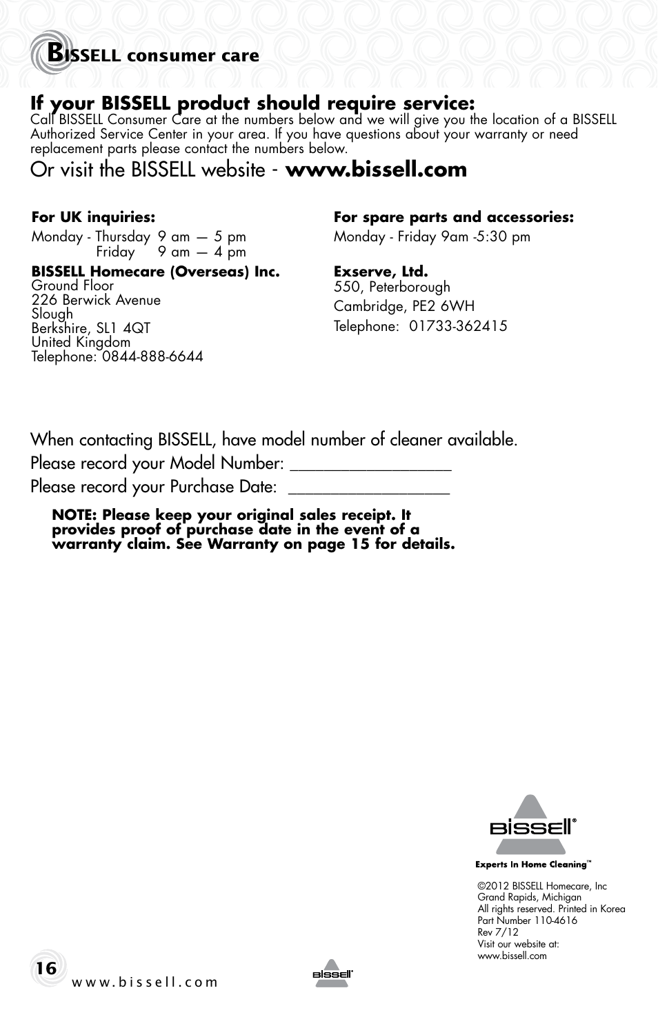 If your bissell product should require service, Issell consumer care | Bissell 6355E User Manual | Page 16 / 16