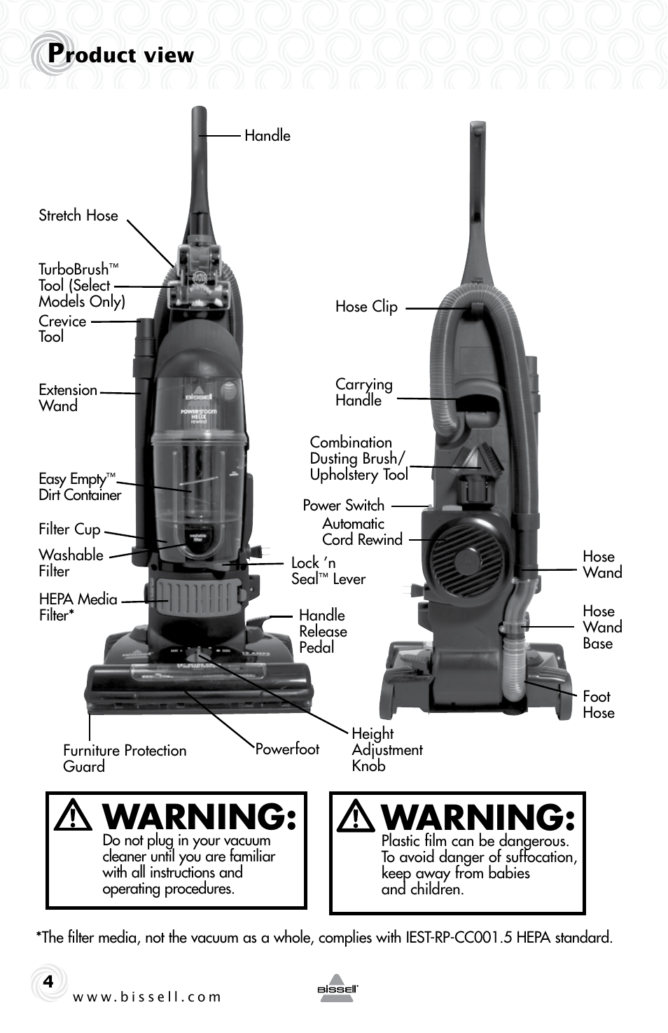 Warning, Roduct view | Bissell 6355E User Manual | Page 4 / 16