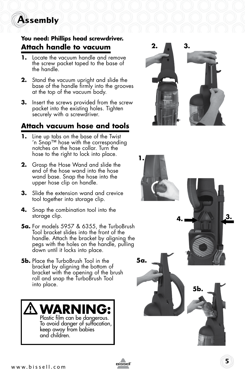 Warning, Ssembly, Attach handle to vacuum | Attach vacuum hose and tools | Bissell 6355E User Manual | Page 5 / 16