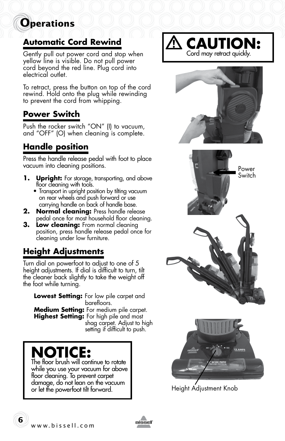 Caution, Notice, Perations | Bissell 6355E User Manual | Page 6 / 16