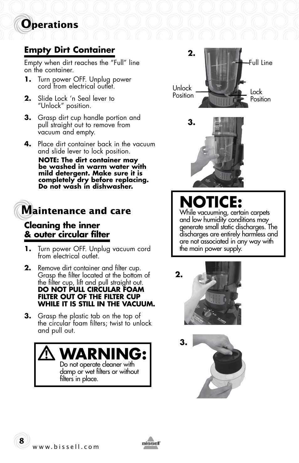 Warning, Notice, Perations | Aintenance and care | Bissell 6355E User Manual | Page 8 / 16
