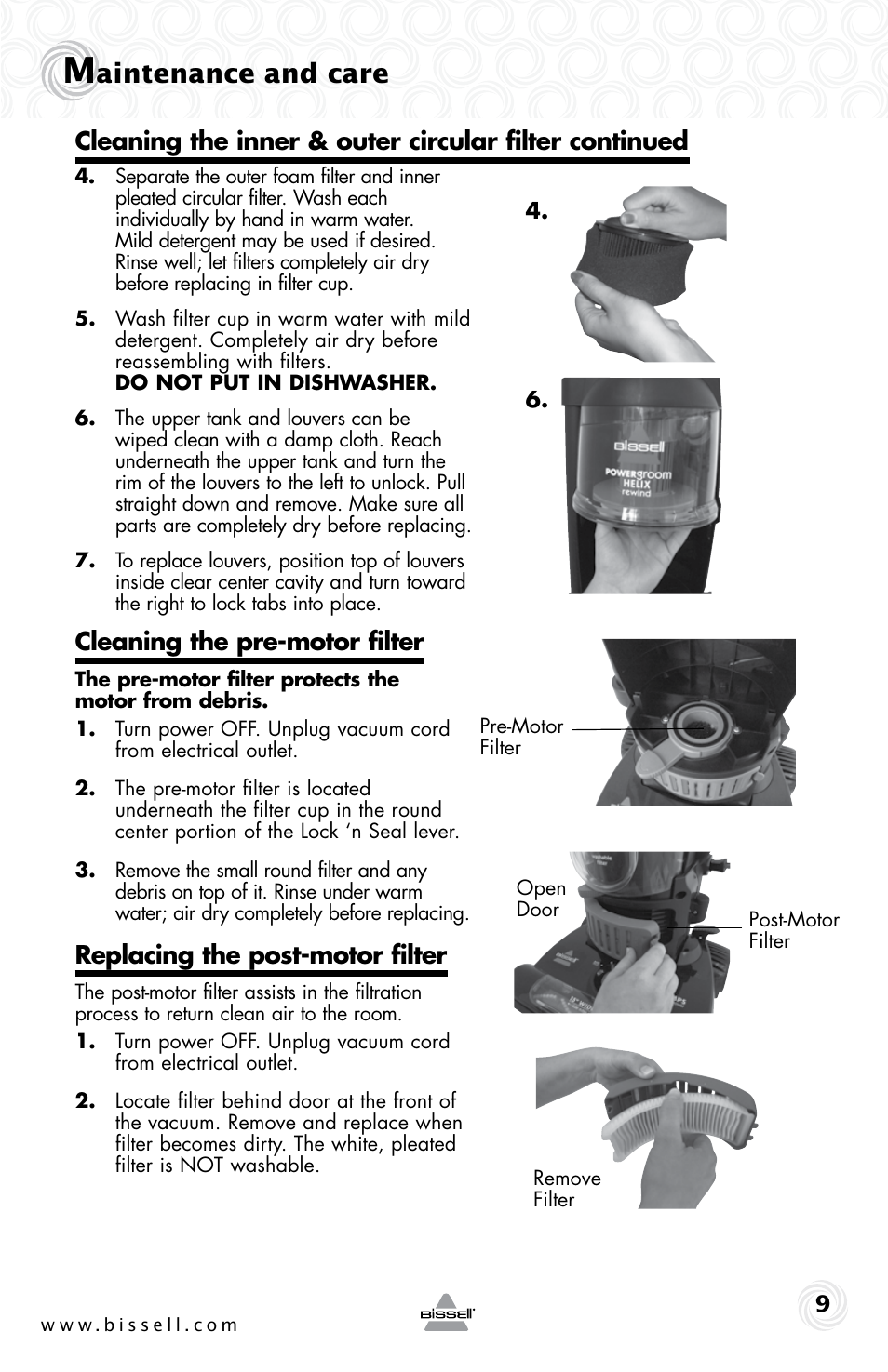 Aintenance and care, Cleaning the pre-motor filter, Replacing the post-motor filter | Bissell 6355E User Manual | Page 9 / 16