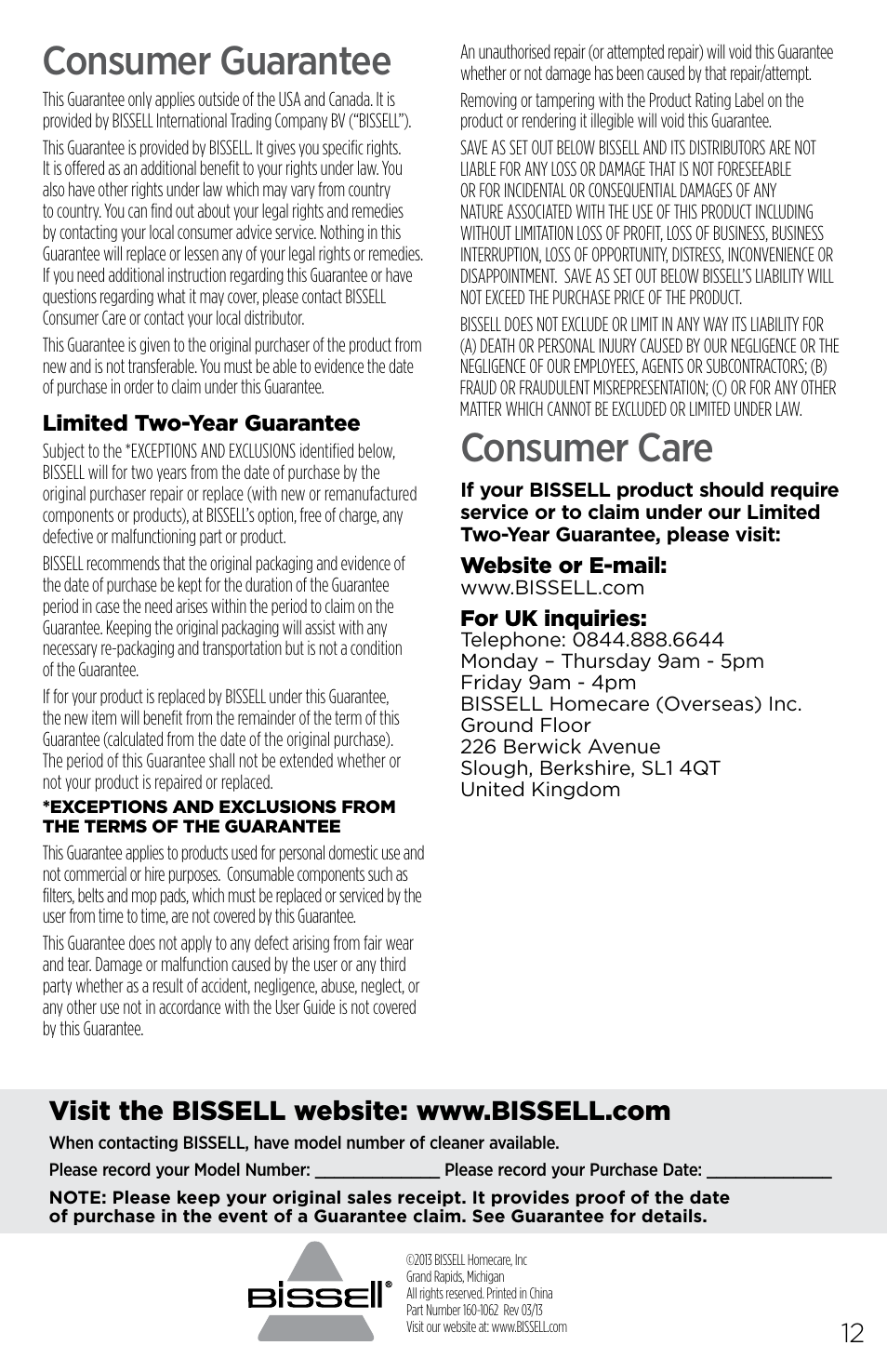 Consumer guarantee, Consumer care | Bissell 1491E User Manual | Page 12 / 12