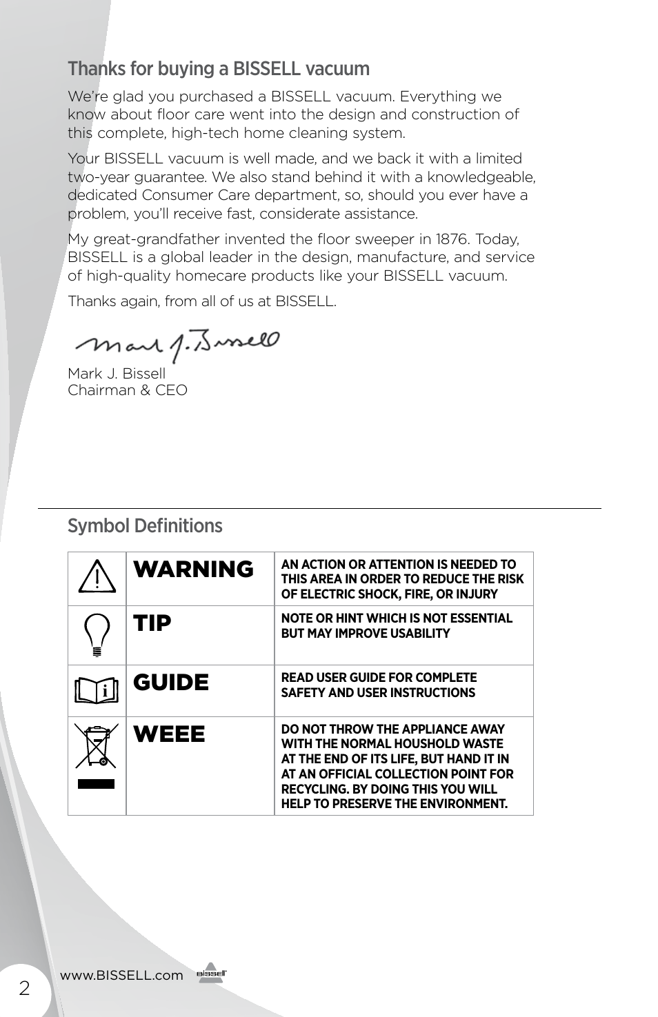 Warning, Guide, Weee | Symbol definitions | Bissell 1491E User Manual | Page 2 / 12