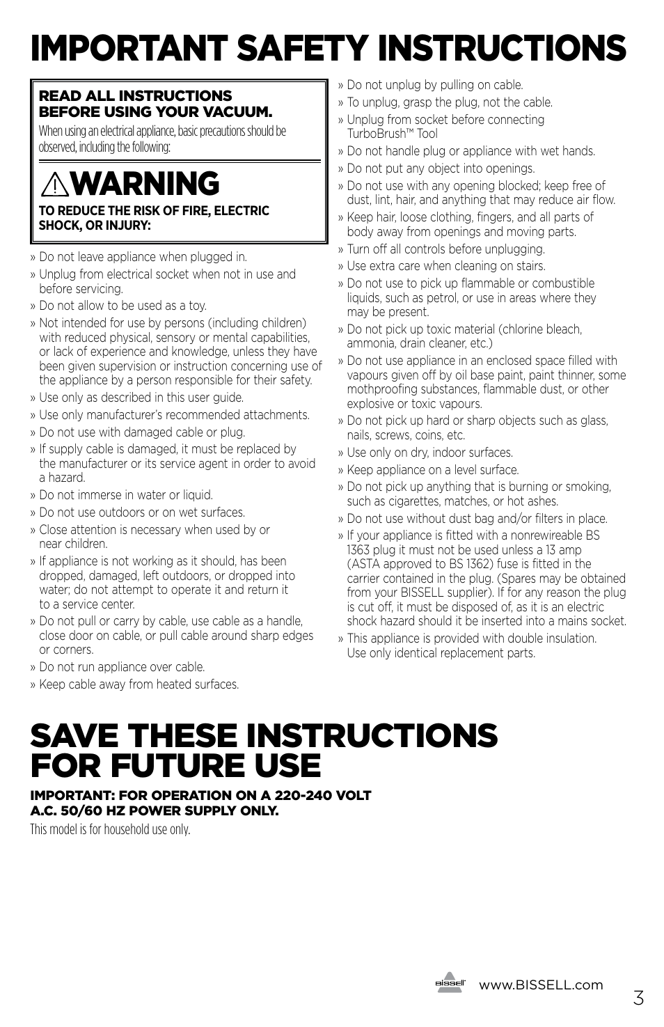 Important safety instructions, Warning, Save these instructions for future use | Bissell 1491E User Manual | Page 3 / 12