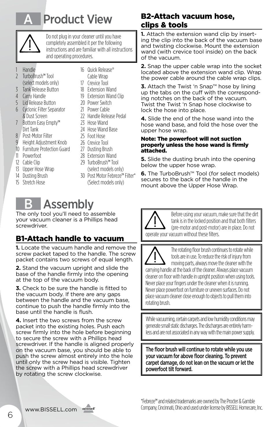 Product view, Assembly, B2-attach vacuum hose, clips & tools | B1-attach handle to vacuum | Bissell 1491E User Manual | Page 6 / 12