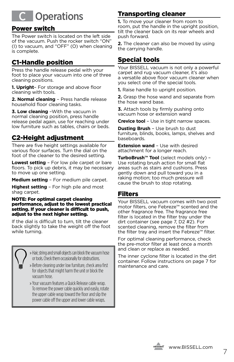 Operations, Power switch, C1-handle position | C2-height adjustment, Transporting cleaner, Special tools, Filters | Bissell 1491E User Manual | Page 7 / 12