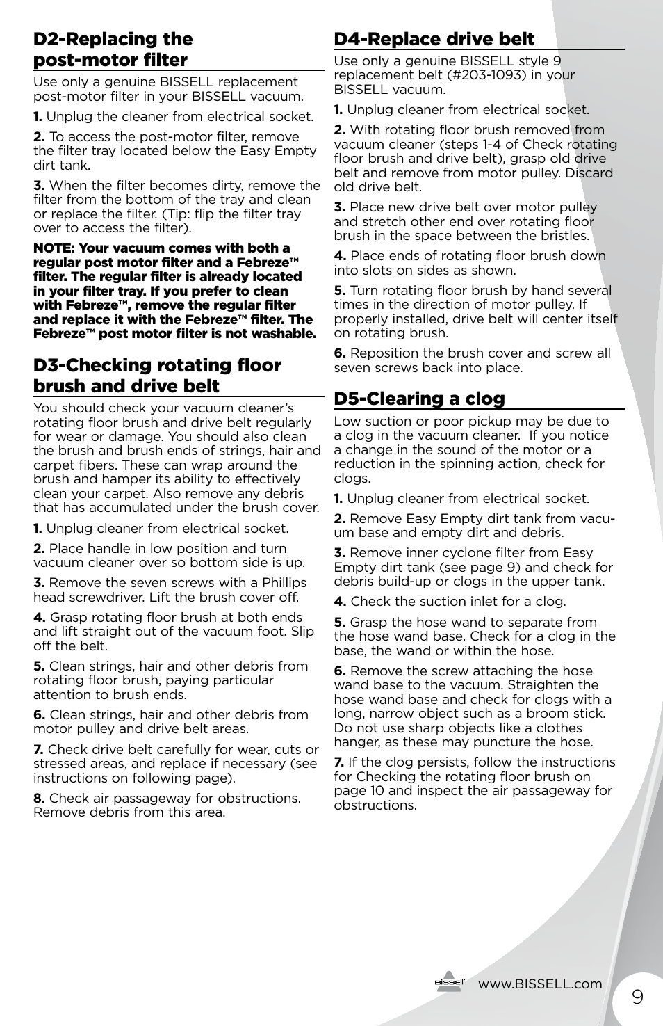 D2-replacing the post-motor filter, D3-checking rotating floor brush and drive belt, D4-replace drive belt | D5-clearing a clog | Bissell 1491E User Manual | Page 9 / 12