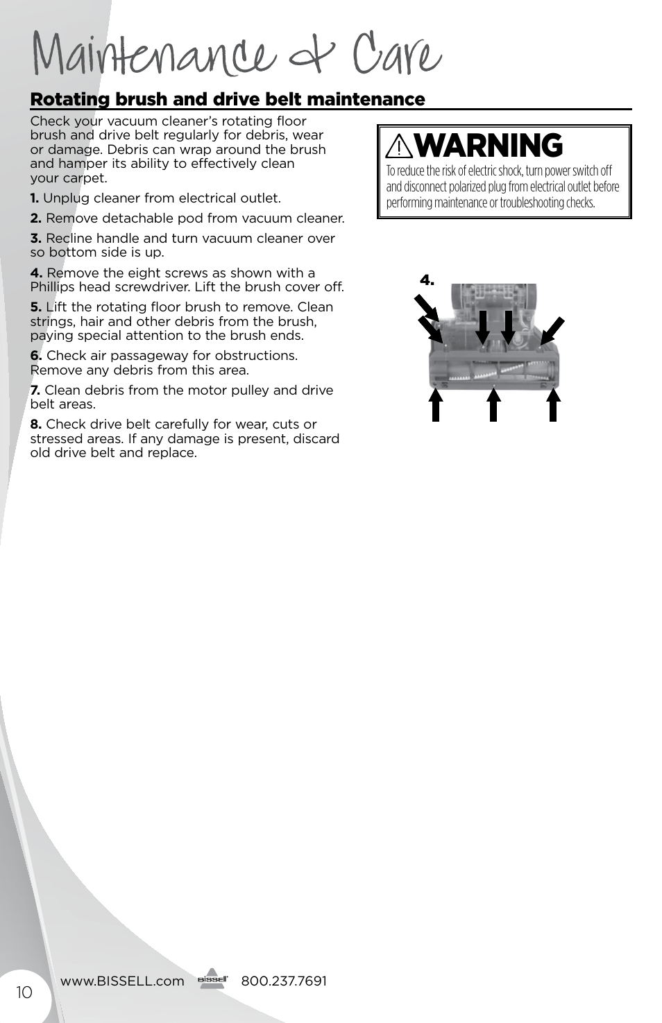 Maintenance & care, Warning | Bissell 2177 User Manual | Page 10 / 16