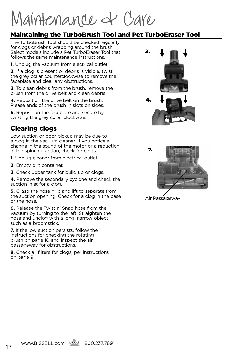 Maintenance & care, Clearing clogs | Bissell 2177 User Manual | Page 12 / 16