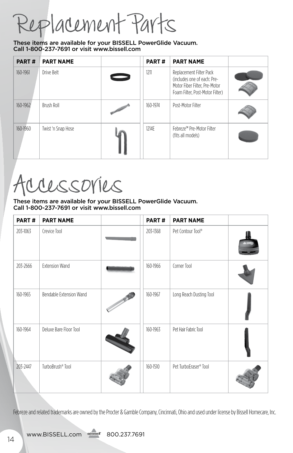 Replacement parts accessories | Bissell 2177 User Manual | Page 14 / 16