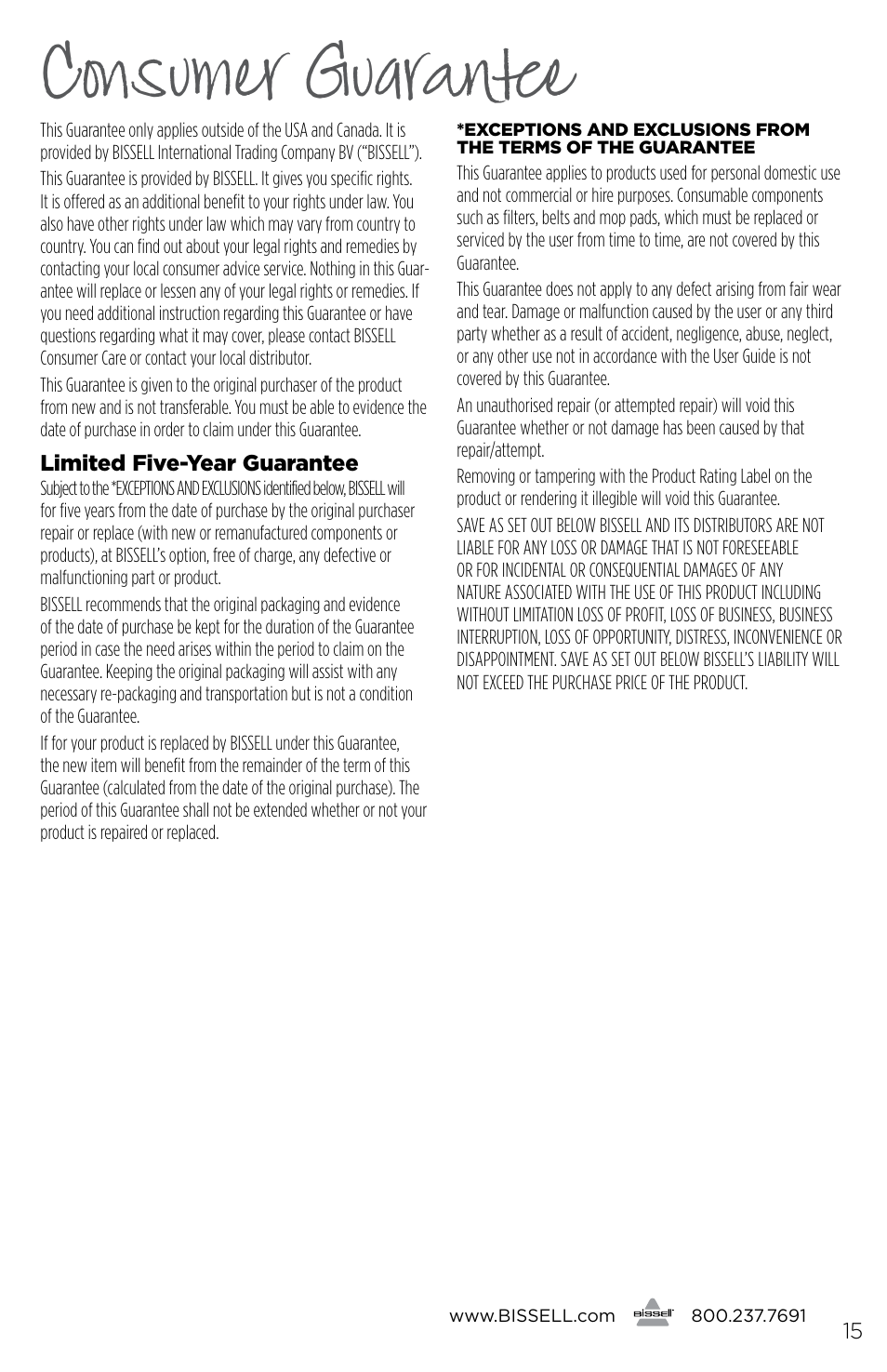 Consumer guarantee | Bissell 2177 User Manual | Page 15 / 16
