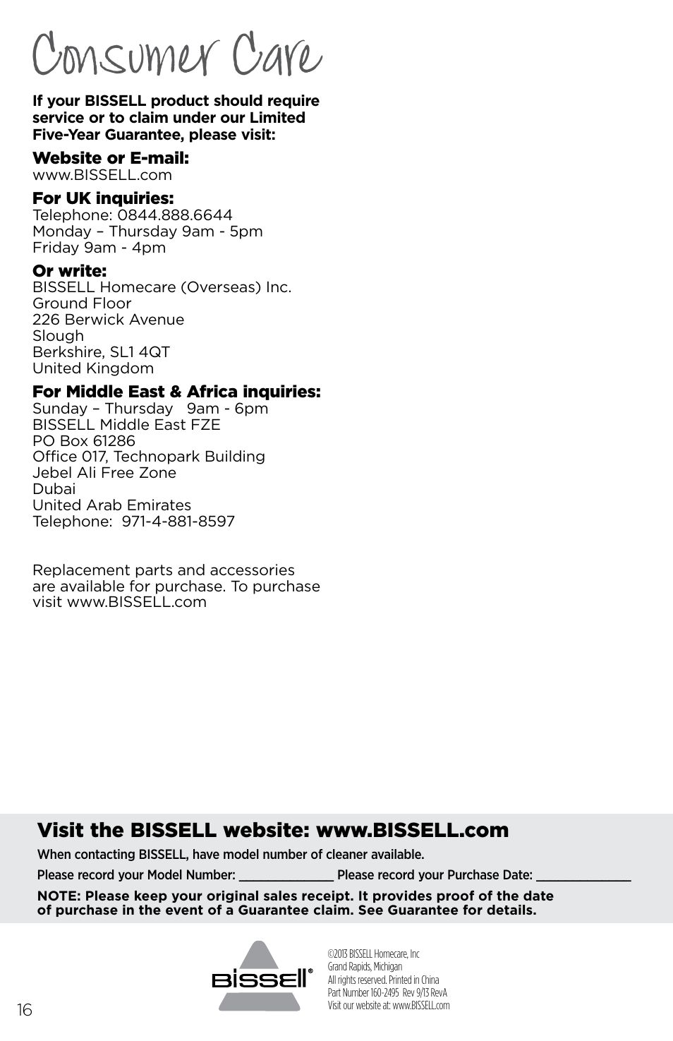 Consumer care | Bissell 2177 User Manual | Page 16 / 16