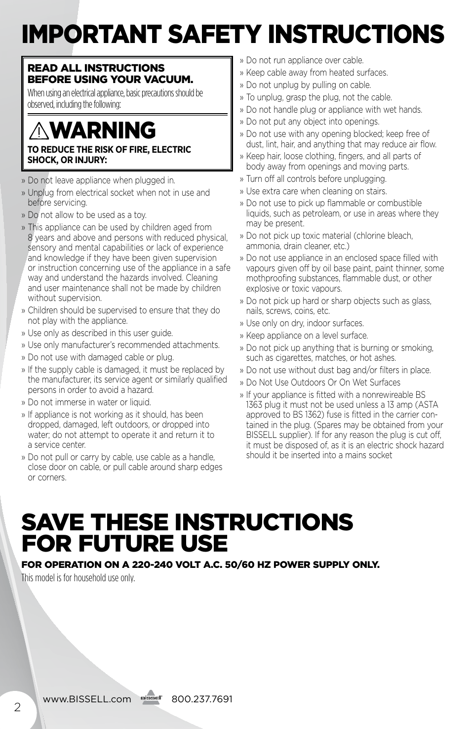Important safety instructions, Warning, Save these instructions for future use | Bissell 2177 User Manual | Page 2 / 16