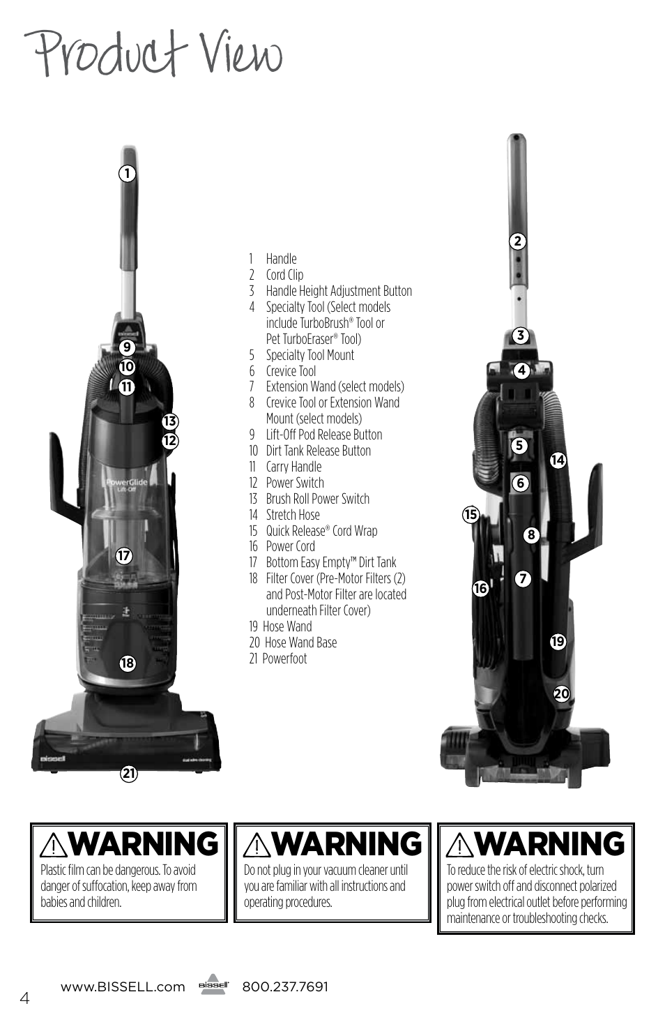 Product view, Warning | Bissell 2177 User Manual | Page 4 / 16