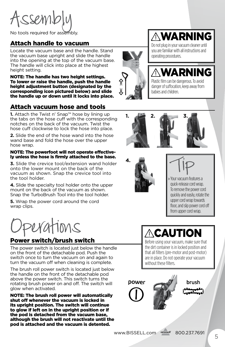 Assembly operations, Caution, Warning | Bissell 2177 User Manual | Page 5 / 16