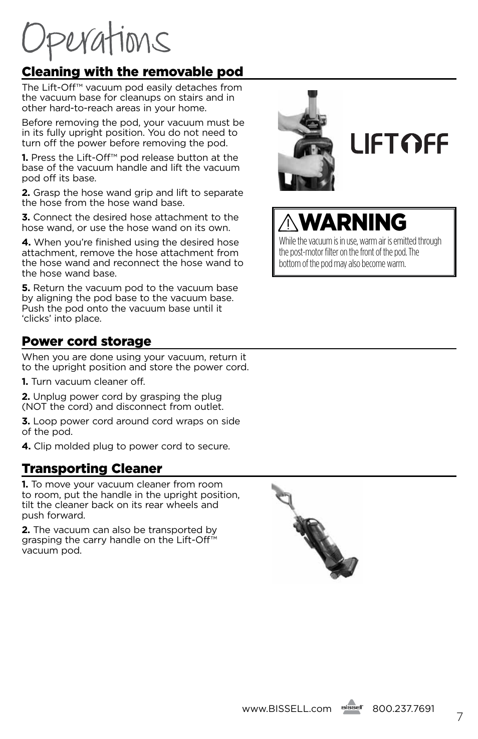 Operations, Warning | Bissell 2177 User Manual | Page 7 / 16