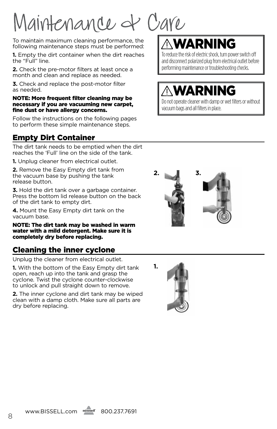 Maintenance & care, Warning | Bissell 2177 User Manual | Page 8 / 16