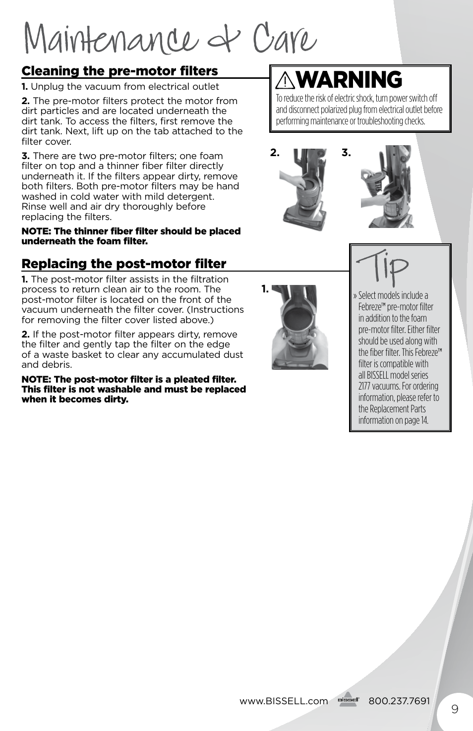 Maintenance & care, Warning | Bissell 2177 User Manual | Page 9 / 16