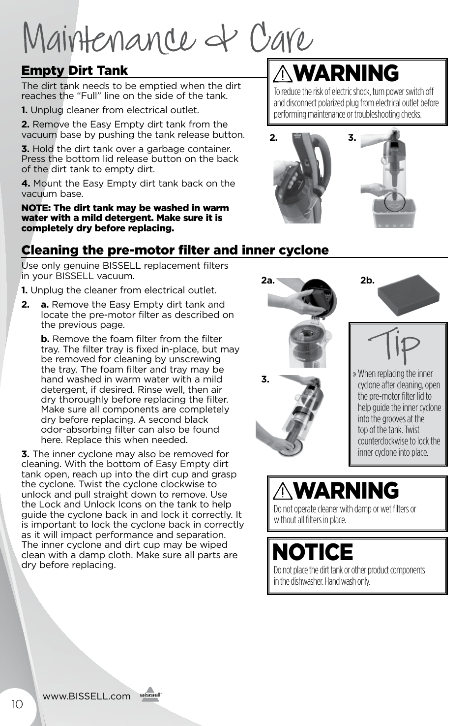 Maintenance & care, Warning, Notice | Bissell 3243e User Manual | Page 10 / 16