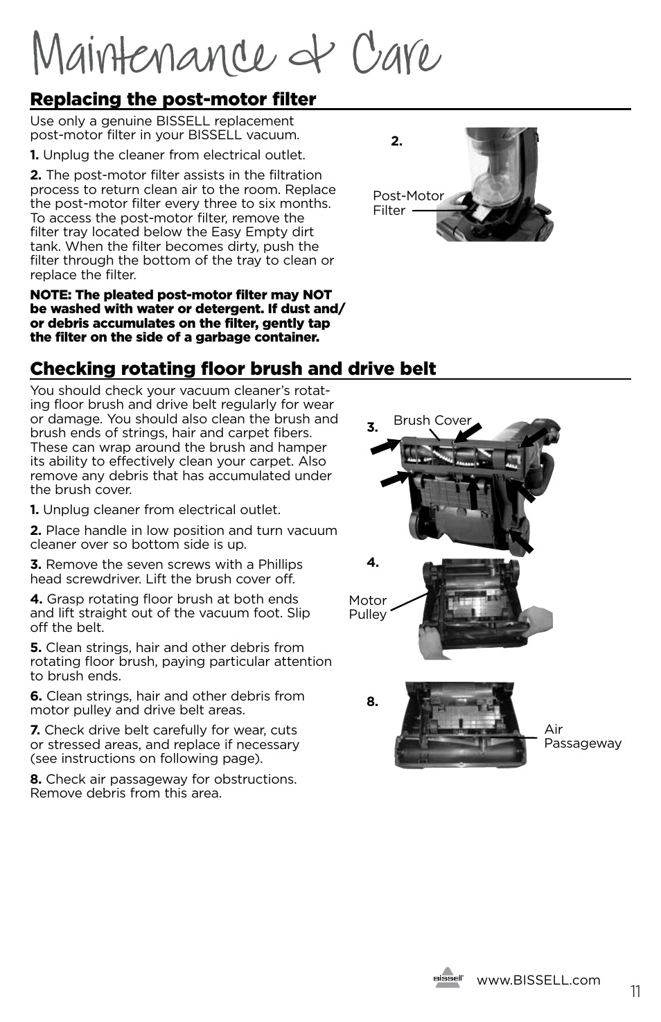 Maintenance & care, Replacing the post-motor filter, Checking rotating floor brush and drive belt | Bissell 3243e User Manual | Page 11 / 16