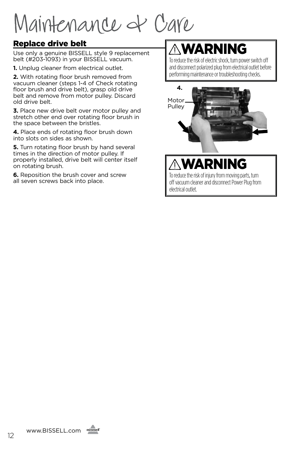 Maintenance & care, Warning | Bissell 3243e User Manual | Page 12 / 16