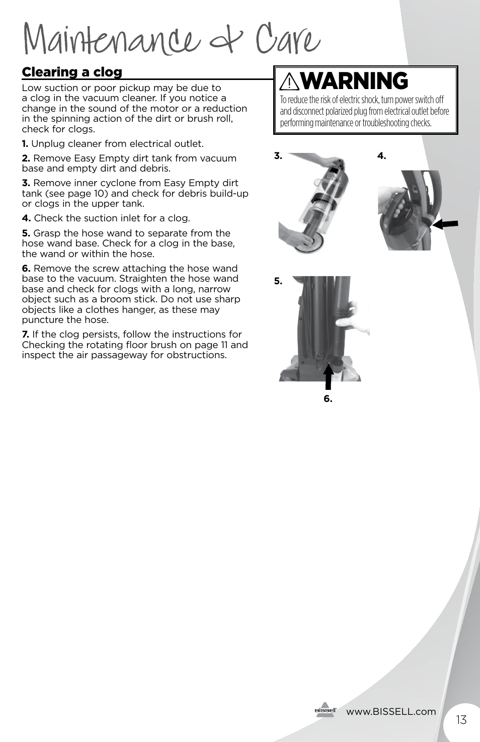 Maintenance & care, Warning | Bissell 3243e User Manual | Page 13 / 16