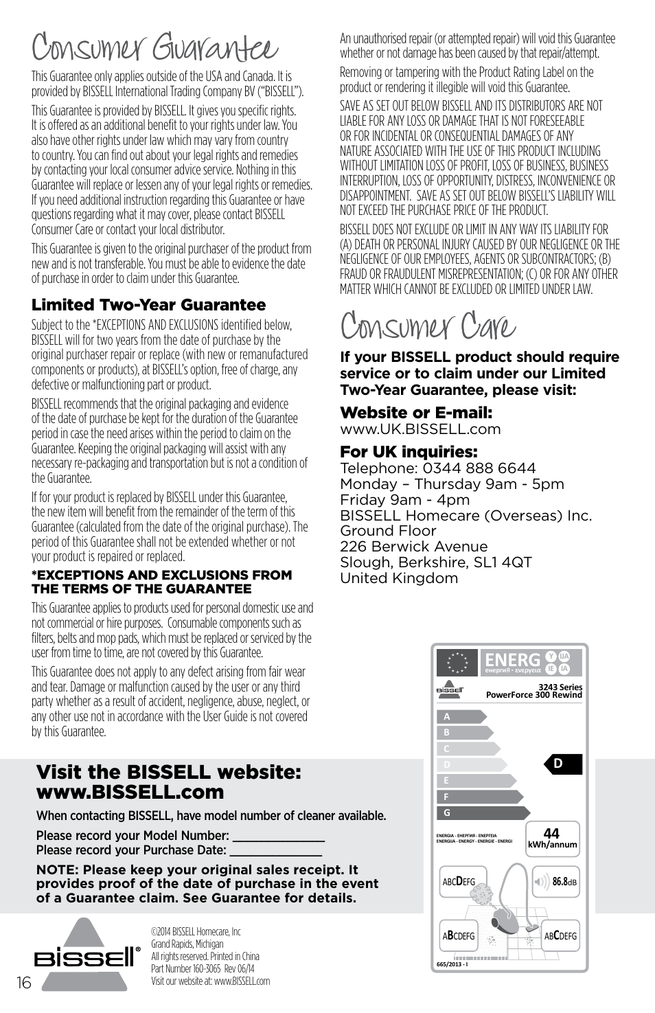 Consumer guarantee, Consumer care, Energ | Limited two-year guarantee, Website or e-mail, For uk inquiries | Bissell 3243e User Manual | Page 16 / 16