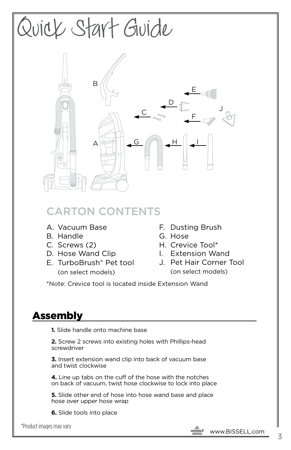 Quick start guide, Carton contents, Assembly | Bissell 3243e User Manual | Page 3 / 16